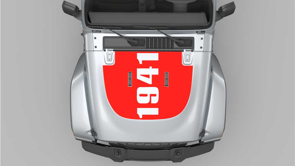 1941 Heritage hood decal graphics in red installed on silver Jeep Wrangler JL hood