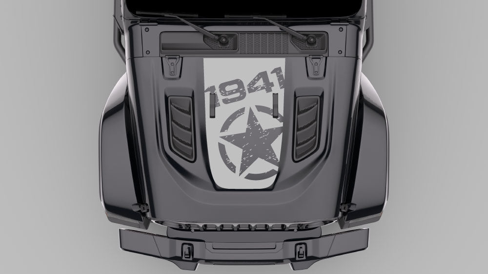1941 War Star hood decal in gray color on Jeep Wrangler JL Gladiator JT hood