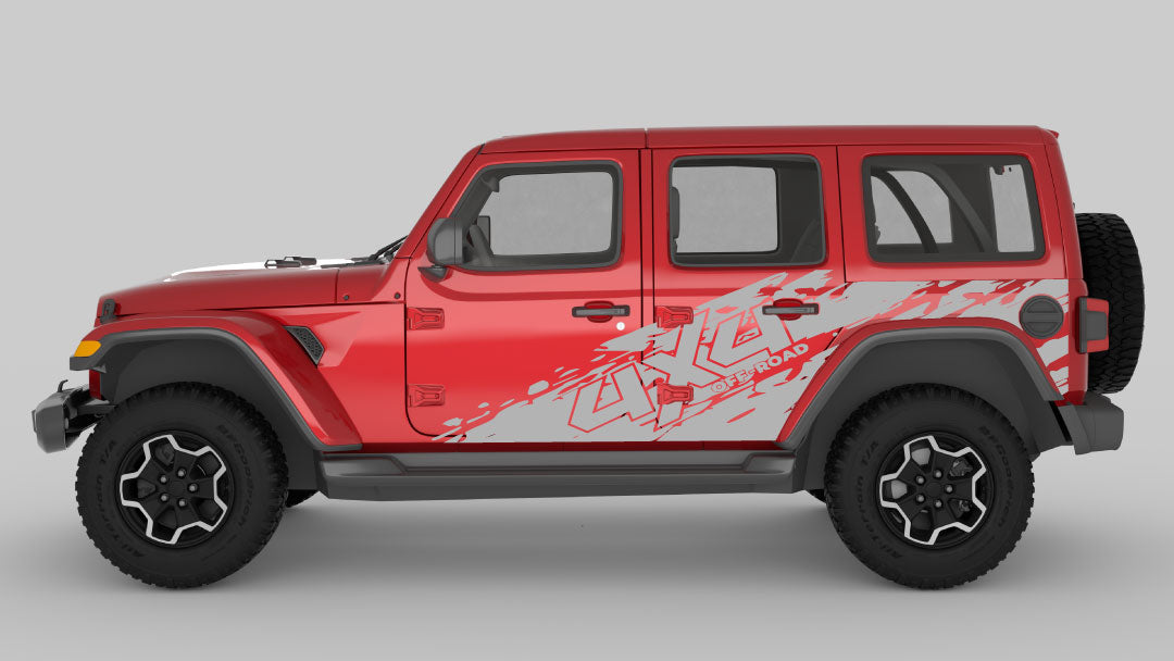 Gray 4x4 Off Road Tear Away Side Decals on Red Jeep Wrangler JL
