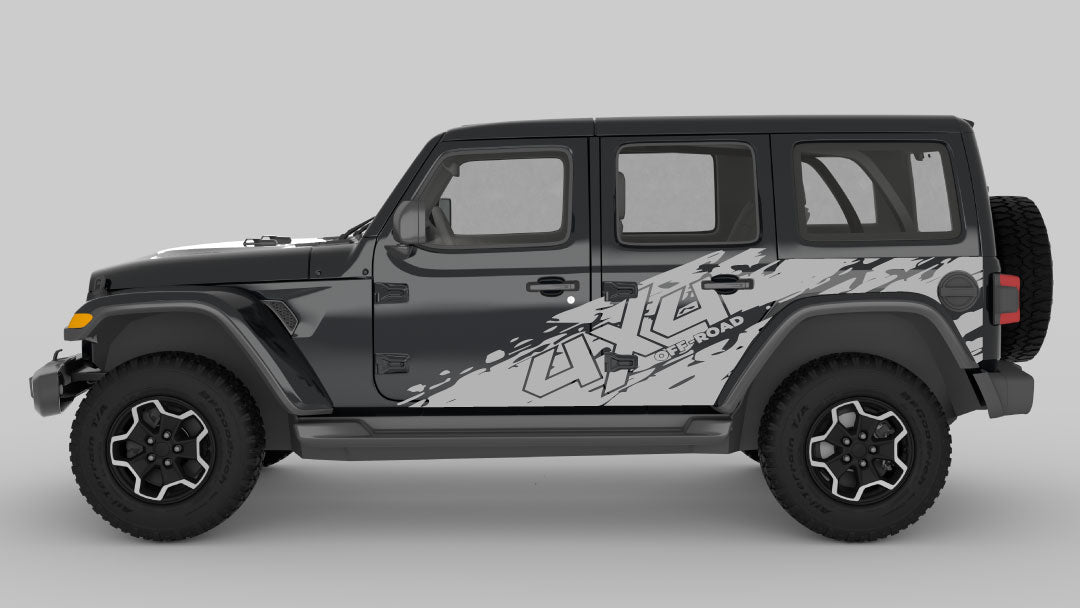 Gray 4x4 Off Road Tear Away Side Decals on Black Jeep Wrangler JL