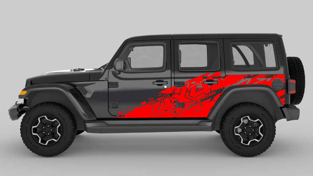Red 4x4 Off-Road Tear Away Side Decals on Black Jeep Wrangler JL