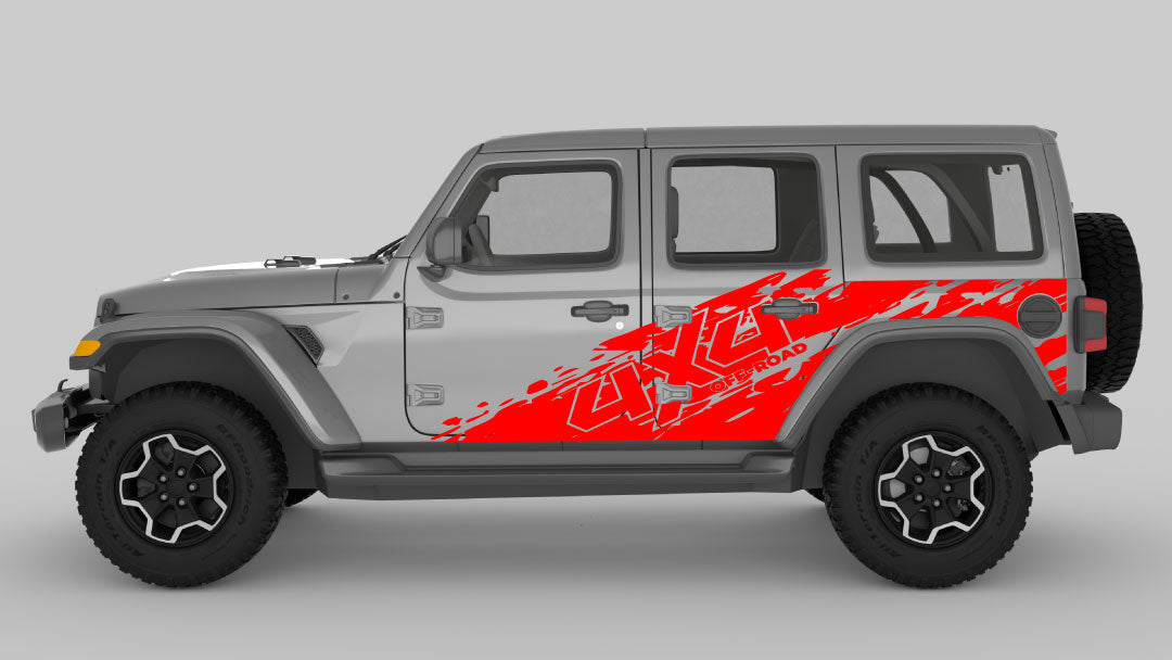 Red 4x4 Off Road Tear Away Side Decals on Gray Jeep Wrangler JL