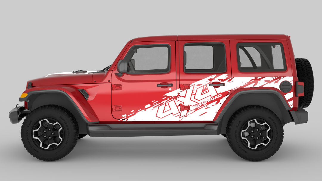 White 4x4 Off Road Tear Away Side Decals on Red Jeep Wrangler JL