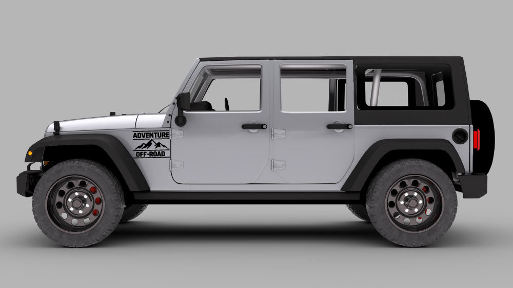 Gray Jeep Wrangler JK with black “Adventure Off-Road” fender badge decal graphic