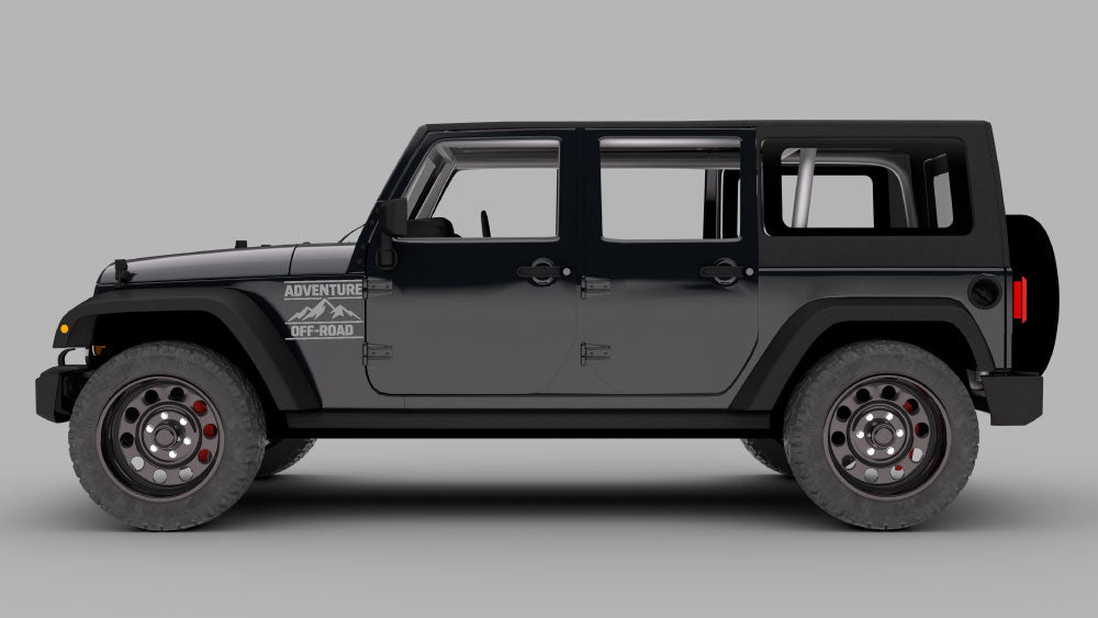 Black Jeep Wrangler JK with gray “Adventure Off-Road” fender badge decal graphic