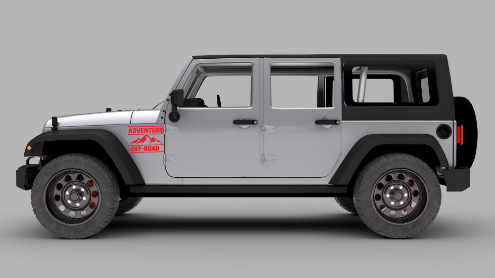 Gray Jeep Wrangler JK with red “Adventure Off-Road” fender badge decal graphic