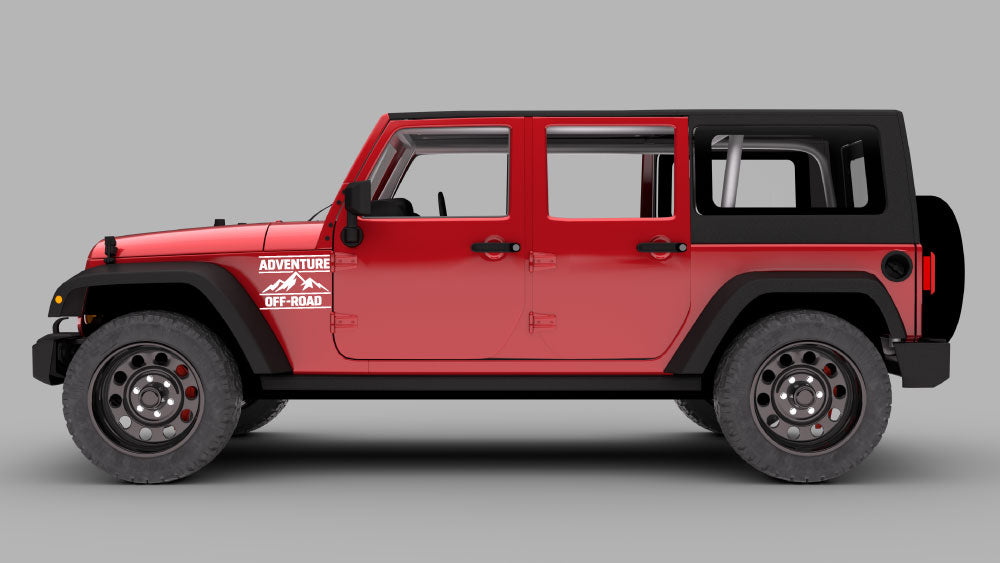 Red Jeep Wrangler JK with white “Adventure Off-Road” fender badge decal graphic