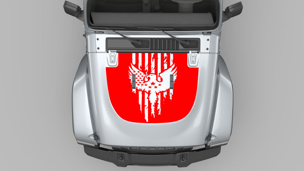 American Eagle Hood Decal in red installed on Jeep Wrangler JL hood