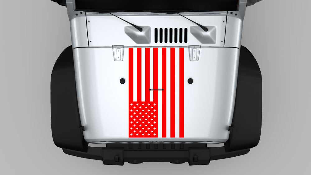 Red American flag vertical stripe hood decal vinyl graphic on Jeep Wrangler JK hood
