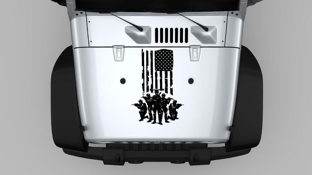 American flag warrior hood decal on white Jeep Wrangler JK hood