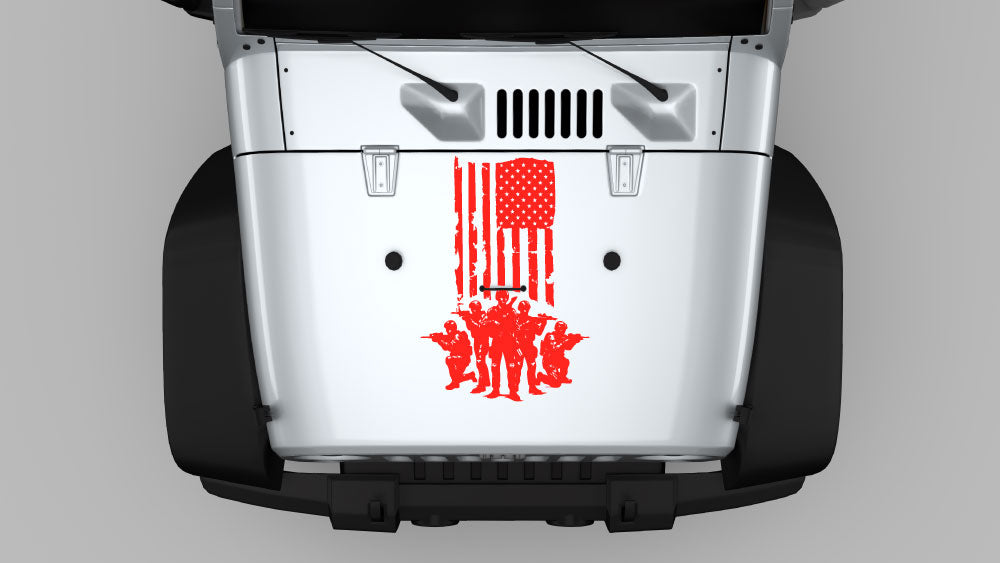 Red American flag warrior hood decal graphics on white Jeep Wrangler JK hood