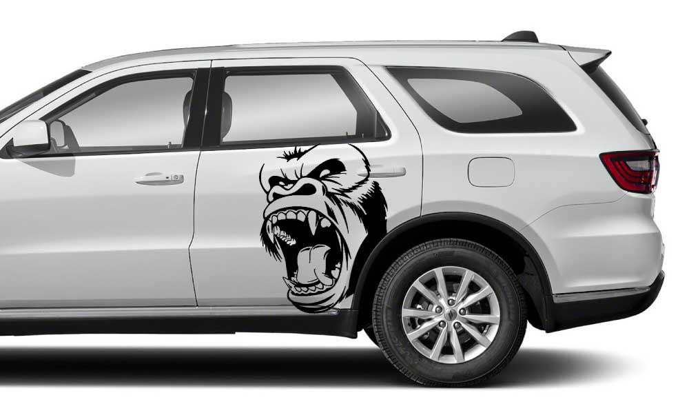 Dodge Durango (3rd Gen) white SUV with black angry monkey face rear door vinyl side decal graphic