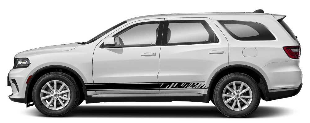 White Dodge Durango 3rd Gen with black Apex cutline racing rocker stripe side decals kit