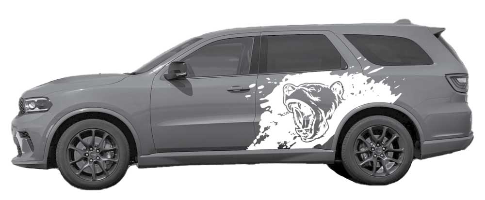 Gray Dodge Durango with white roaring bear splash side decal graphic on rear door and quarter panel.