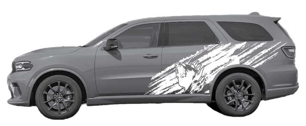 Gray Dodge Durango (3rd Gen) with white bear splash side decal on rear door and quarter panel.