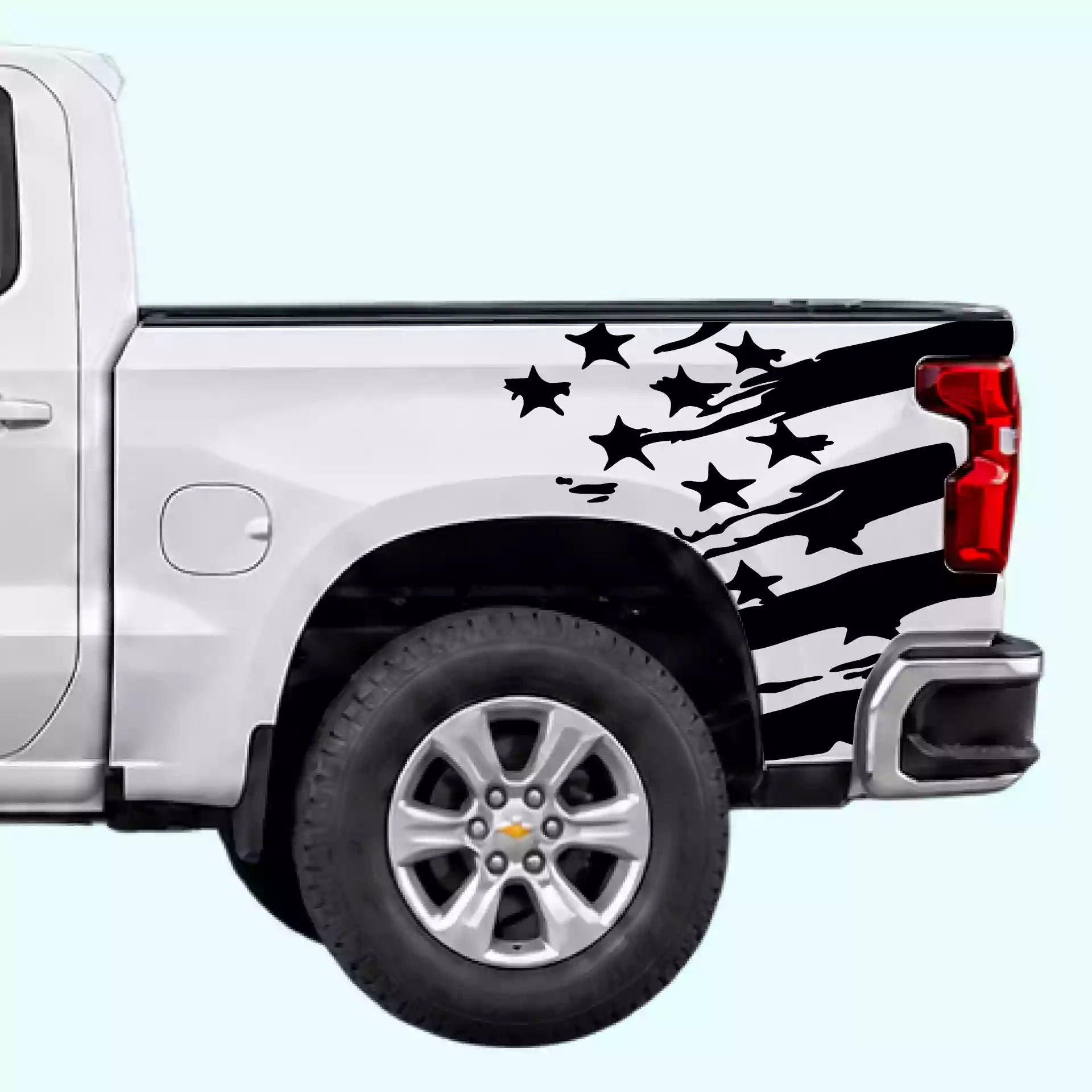 2019-present Chevrolet Silverado USA Flag Shred Bed Decals Vinyl Graphics Kit Black