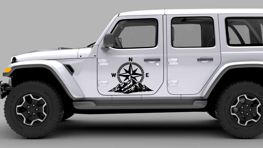 Jeep JL JLU compass rose mountain door decal in red on silver Jeep