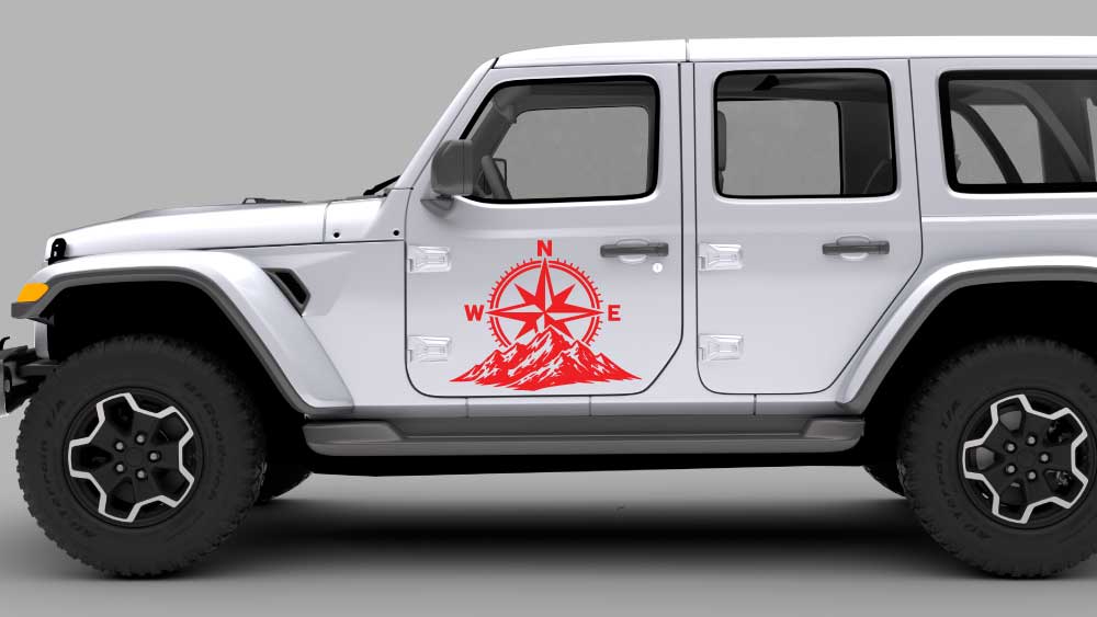 Jeep Wrangler JL JLU compass rose mountain door decal in black on silver Jeep