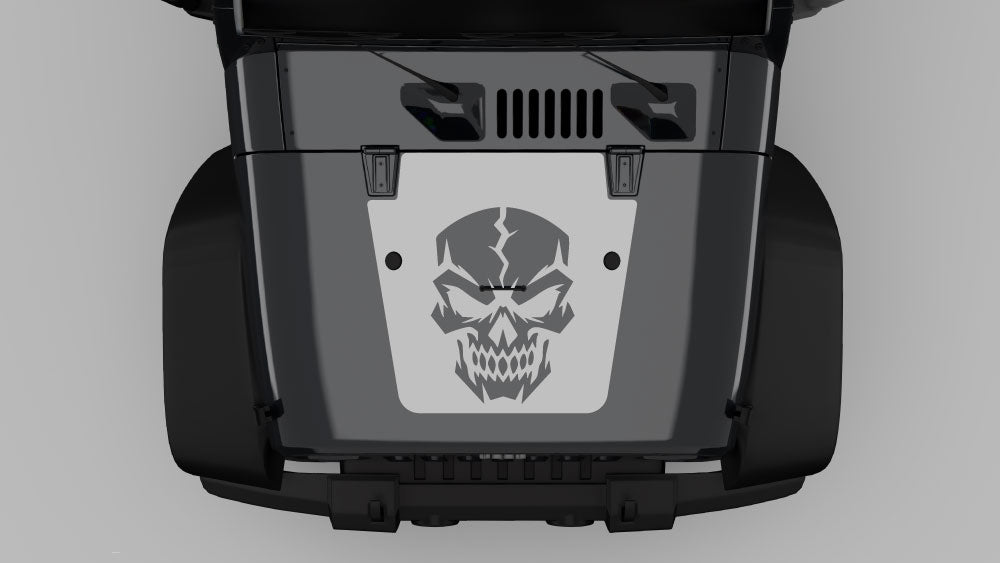 Gray cracked reaper skull hood decal on black Jeep Wrangler JK