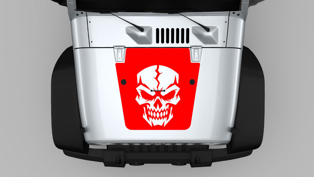 Red cracked reaper skull hood decal vinyl graphic on Jeep Wrangler JK hood