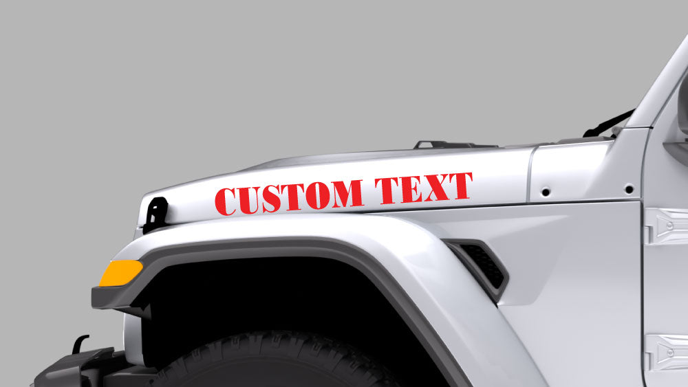 White custom text hood side decal on red Jeep Wrangler JL featuring personalized name or phrase vinyl lettering