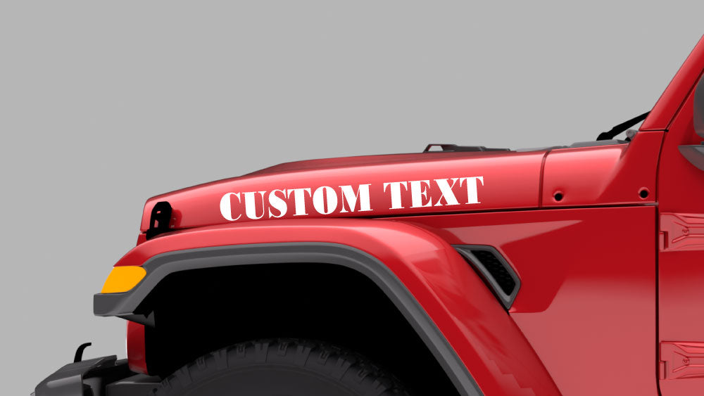 Personalized hood side lettering decal in red on white Jeep Wrangler JL custom text vinyl graphic installed above front fender