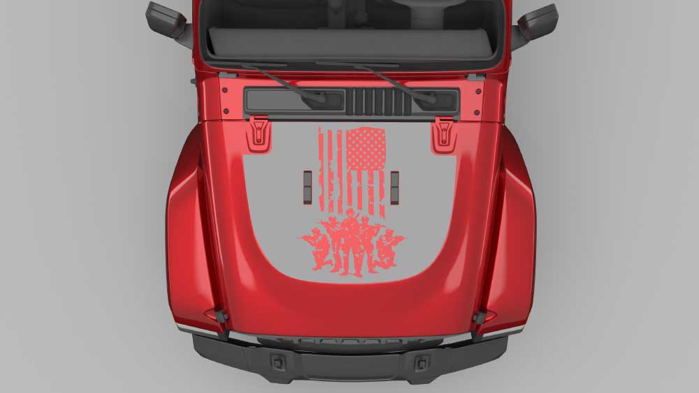 Distressed American flag soldier tribute hood decal in gray on red Jeep Wrangler JL