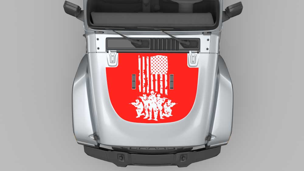 Distressed American flag soldier tribute hood decal in red on silver Jeep Wrangler JL