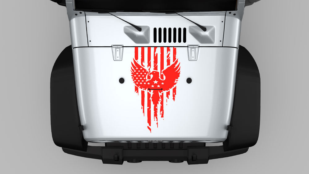 White distressed eagle American flag hood decal on red Jeep Wrangler JK hood