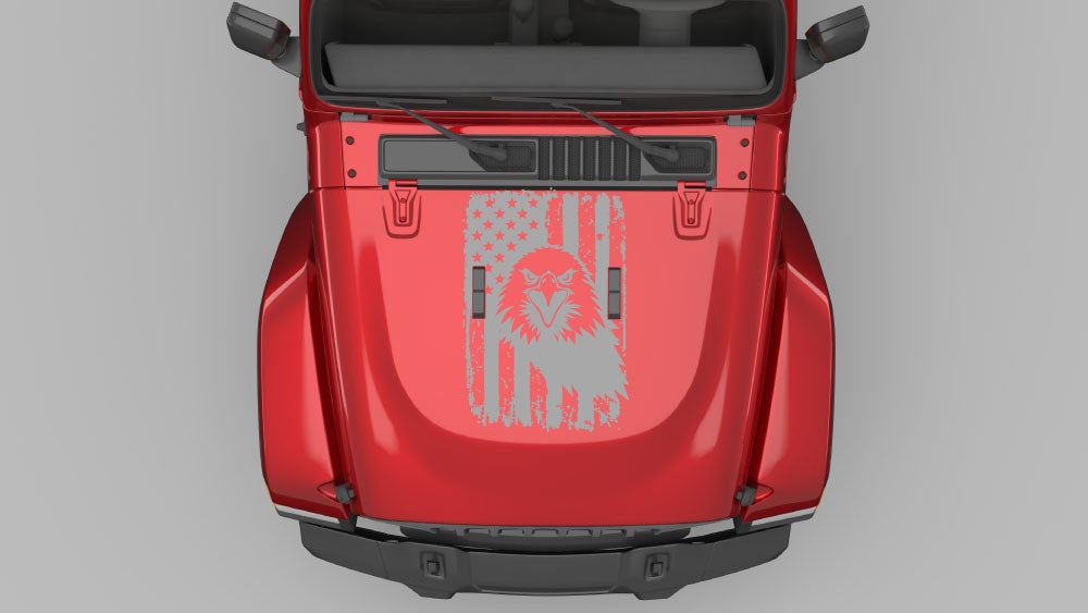 Distressed eagle patriot flag hood decal in gray on red Jeep Wrangler JL