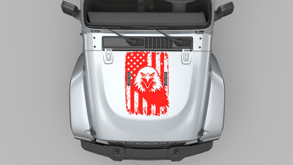 Distressed eagle patriot flag hood decal in red on silver Jeep Wrangler JL