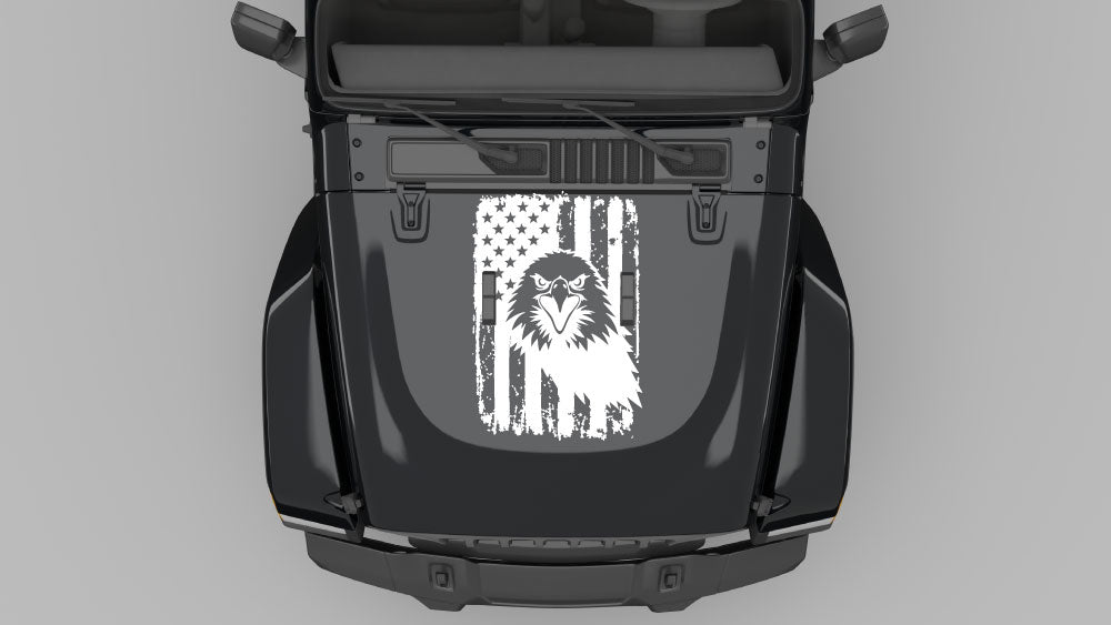 Distressed eagle patriot flag hood decal in white on black Jeep Wrangler JL