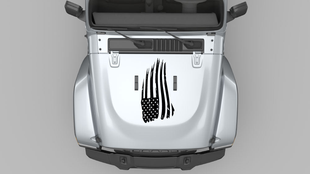 Distressed vertical American flag hood decal in black on silver Jeep Wrangler JL