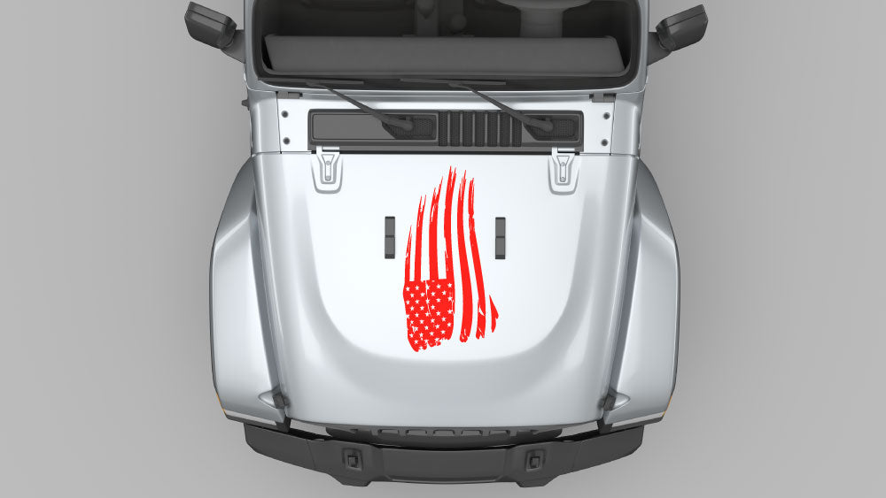 Distressed vertical American flag hood decal in red on silver Jeep Wrangler JL