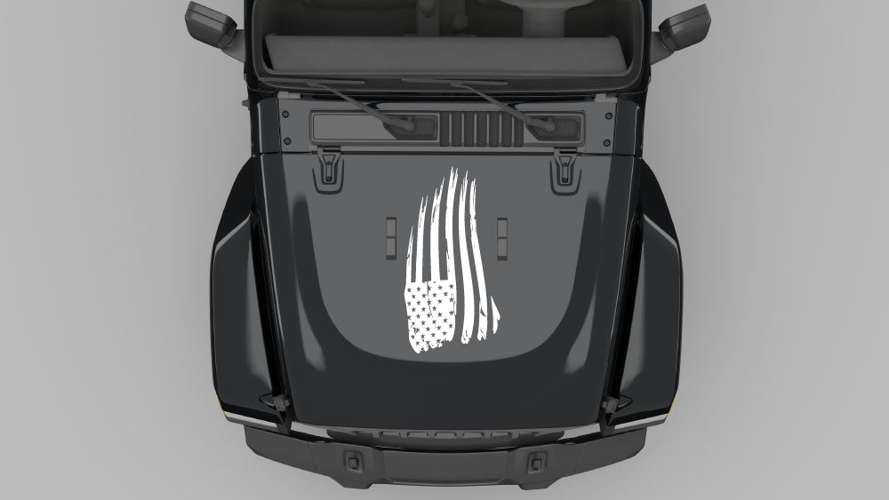 Distressed vertical American flag hood decal in white on black Jeep Wrangler JL