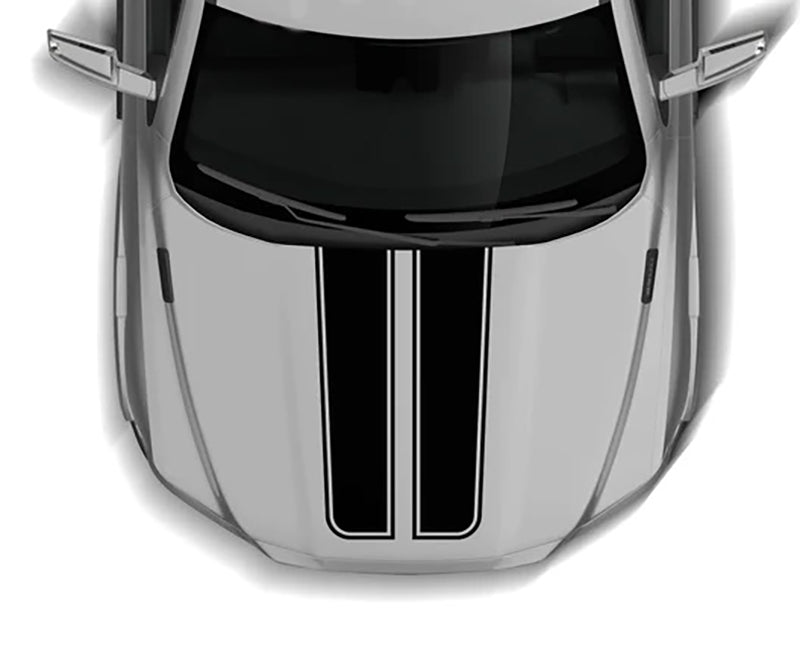 Dodge Ram 1500 hood featuring dual vertical racing stripe decals with minimal double-bar design, precision-aligned on the hood panel.