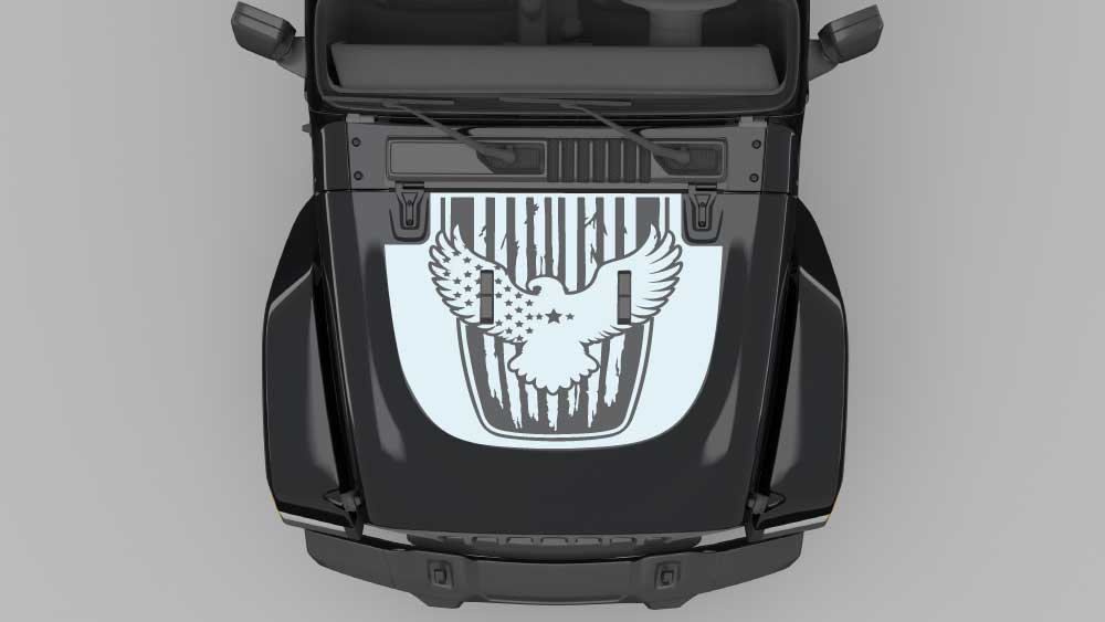 White Eagle Patriot hood decals graphics on black Jeep Wrangler JL, USA eagle hood vinyl decal