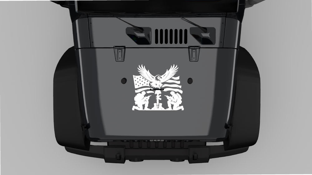 Red Jeep Wrangler JK hood with white Eagle of Remembrance hood decal featuring eagle wings, American flag, and kneeling soldiers design.