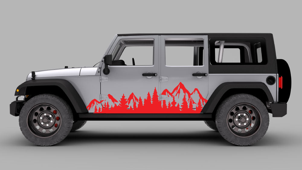 Jeep Wrangler JK off-road mountain forest side graphics kit in red vinyl