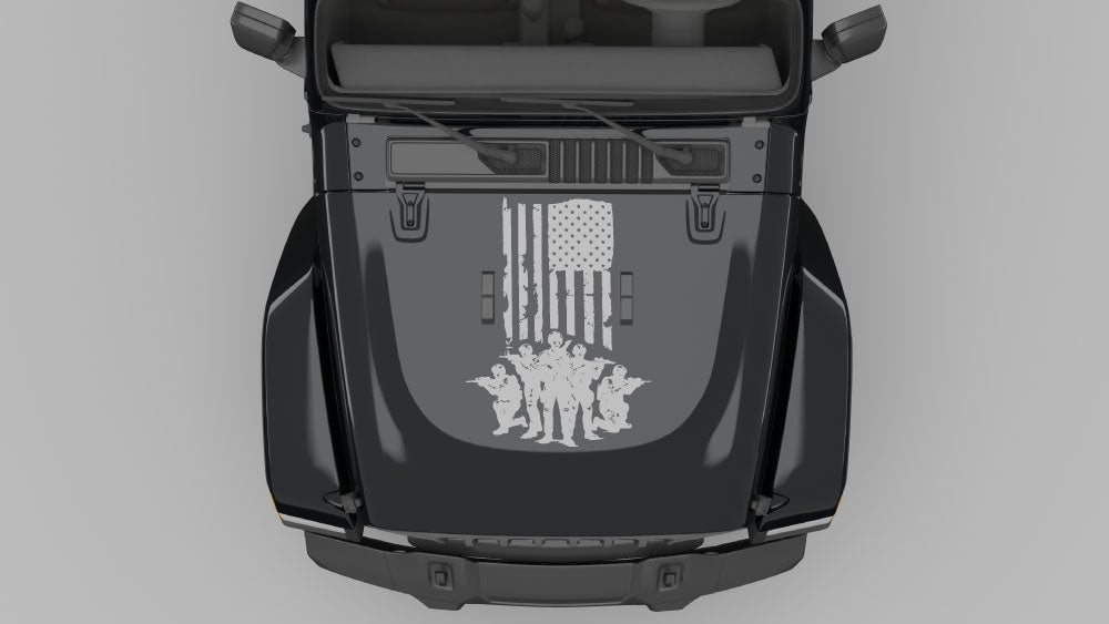 Gray freedom strike squad hood decal on black Jeep Wrangler JL