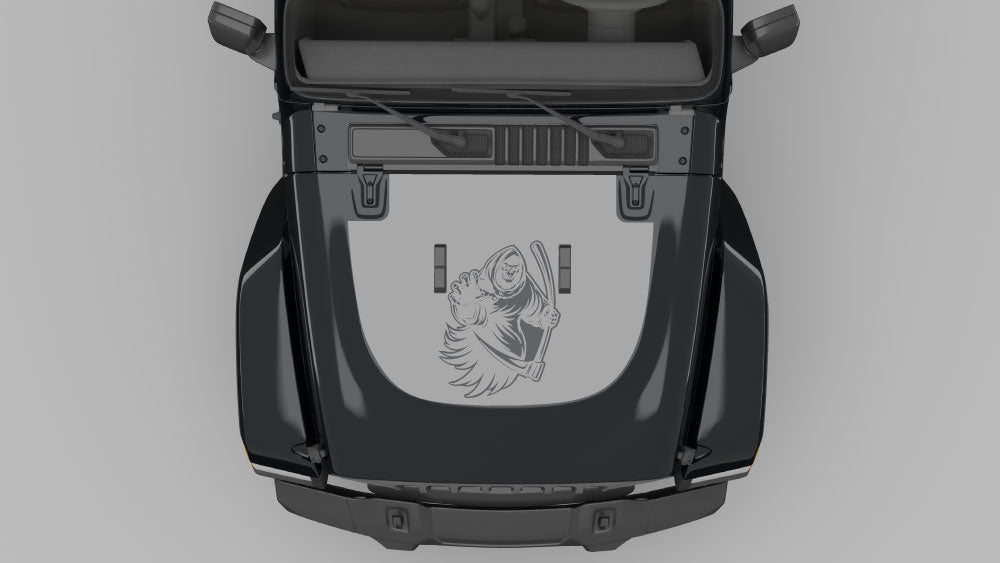 Grim Reaper hood decal in gray on black Jeep Wrangler JL with reaper graphic