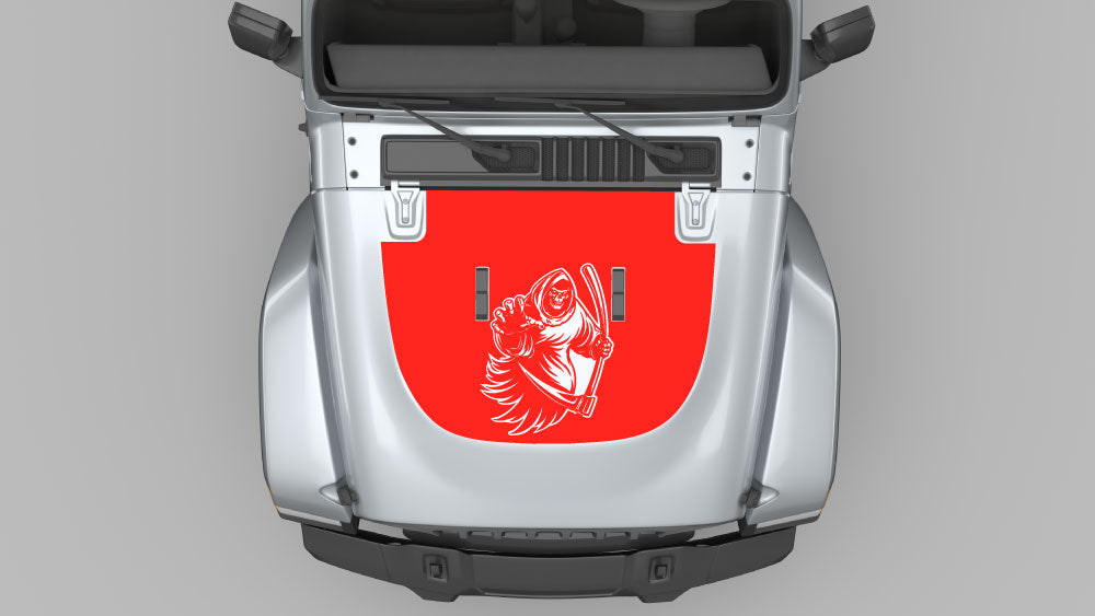 Grim Reaper hood decal in red on silver Jeep Wrangler JL hood graphic