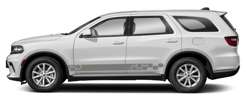 White Dodge Durango 3rd gen with gray Hexline honeycomb rocker stripe decals on lower side panels