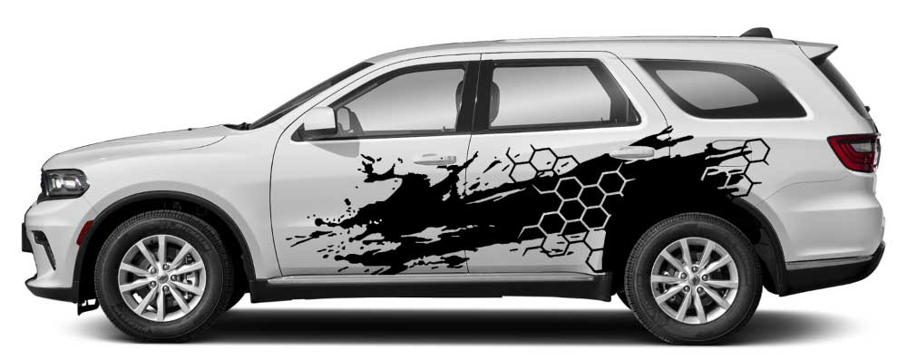 White Dodge Durango with black honeycomb grunge side decal vinyl graphics kit across rear side panels