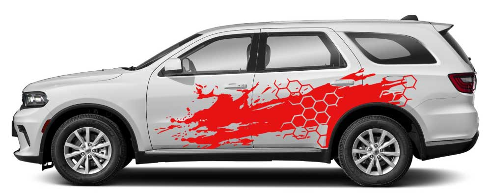 White Dodge Durango with red honeycomb grunge splash side decal vinyl wrap on rear doors and quarter panel