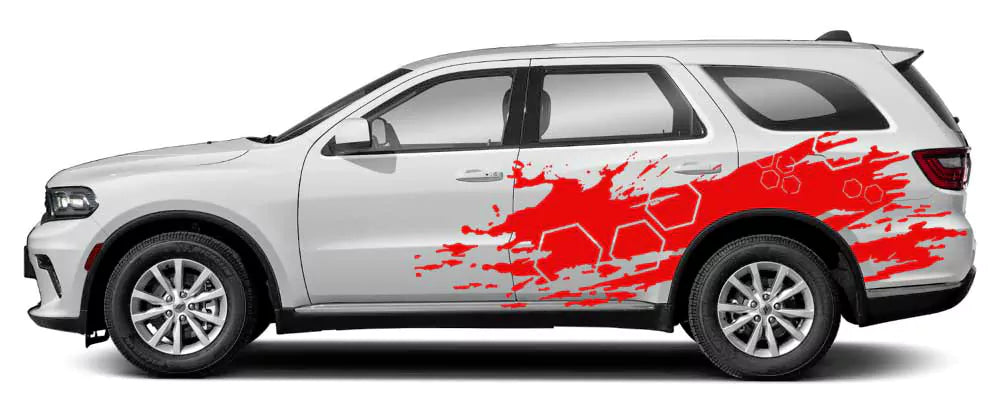 Dodge Durango with red honeycomb grunge side decal wrap across rear door and quarter panel.