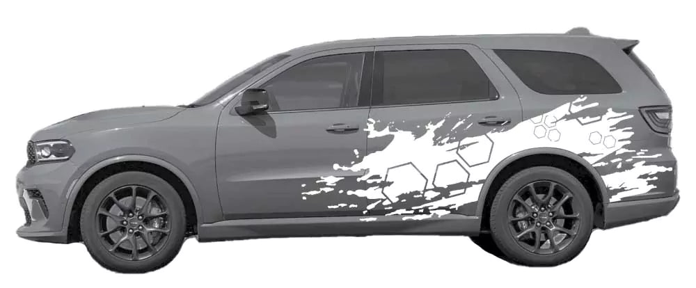 Dodge Durango with white honeycomb grunge side decals on rear doors and quarter panel.