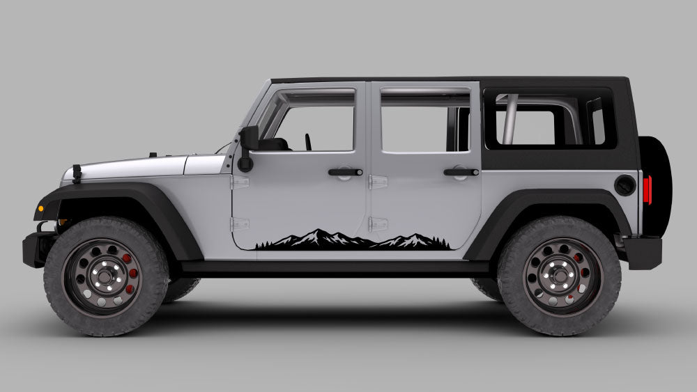 Black Jeep Wrangler JK/JKU with gray horizon mountain rocker panel side decal along the lower doors