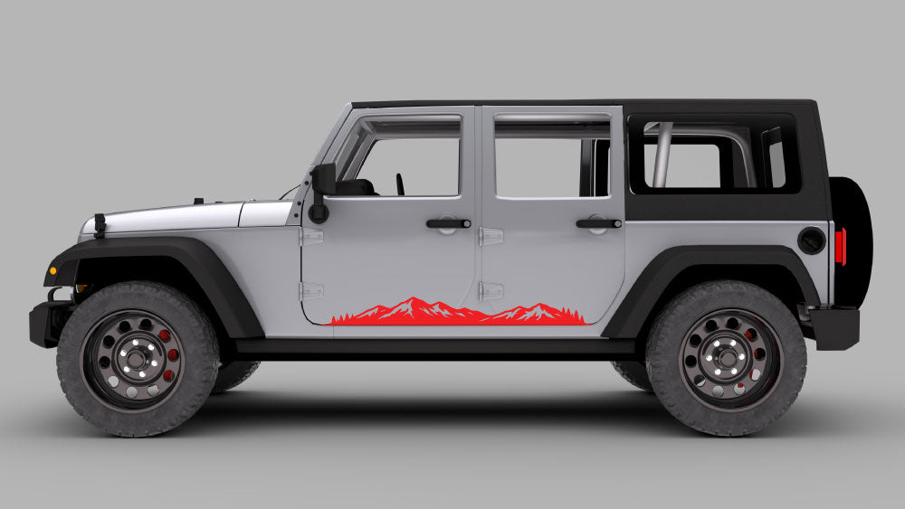 Silver Jeep Wrangler JK/JKU with red horizon mountain rocker panel side decal along the lower doors