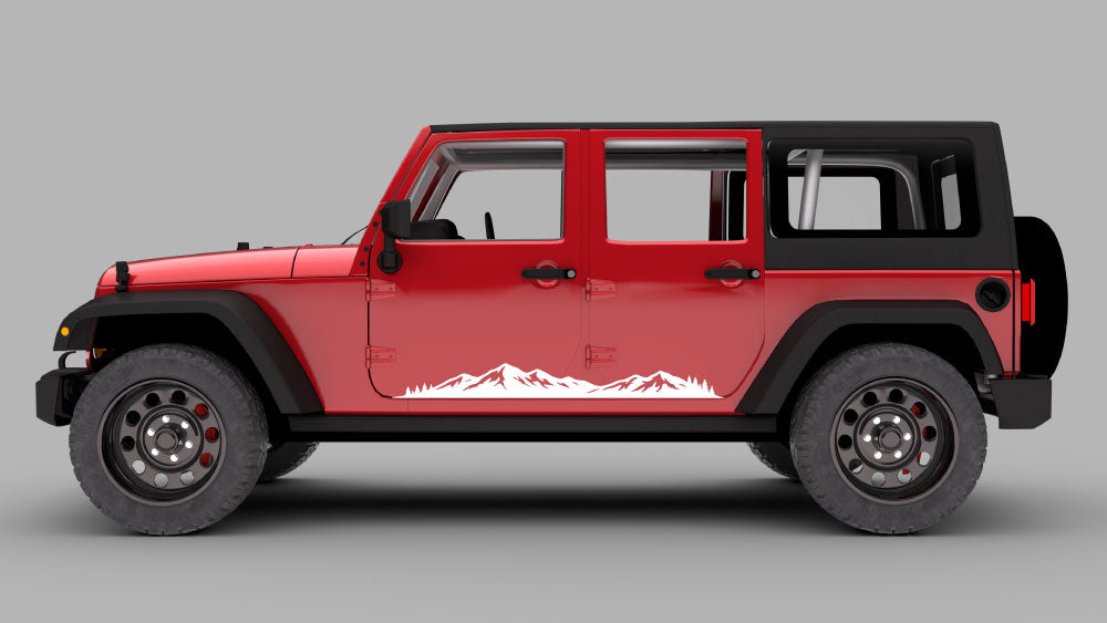 Red Jeep Wrangler JK/JKU with white horizon mountain rocker panel side decal along the lower doors